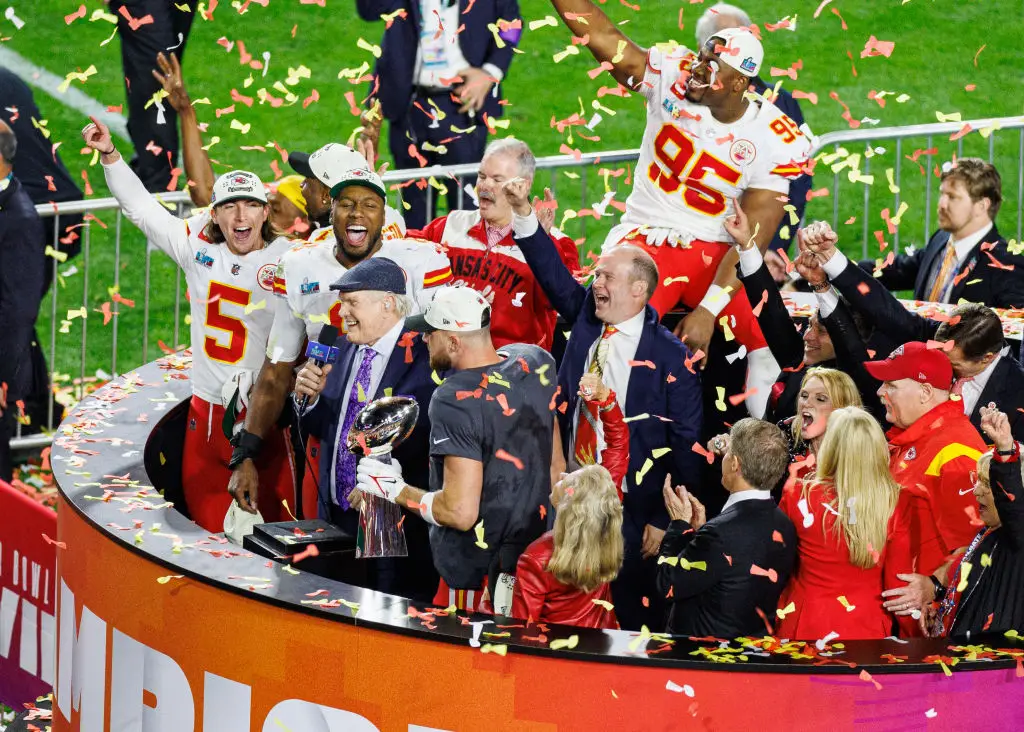 Kansas City Chief celebrate following their 2023 Super Bowl win over the Philadelphia Eagles (Adam Bow/Icon Sportswire via Getty Images)