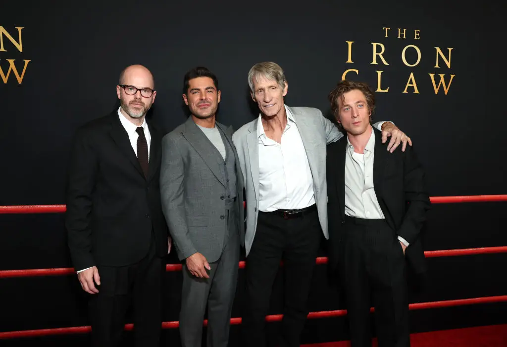 Harris Dickinson, Jeremy Allen White and Stanley Simons play Efron’s on-screen brothers David, Kerry and Mike Von Erich. (Photo by Stewart Cook/Getty Images for A24)