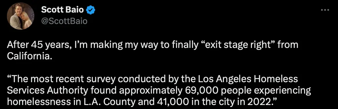 Scott Baio announced his Hollywood departure on Twitter.
