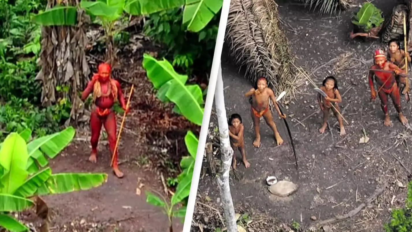 Drone footage captures incredibly rare images of uncontacted people who are cut off from entire world