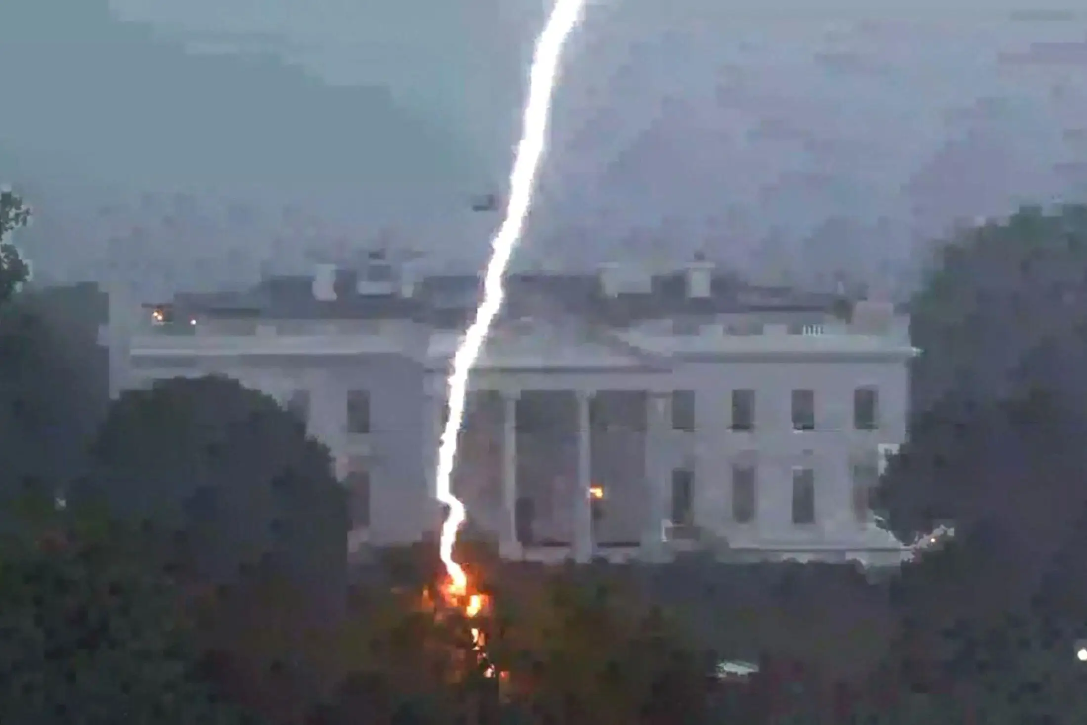 The lightning struck a tree near the White House.