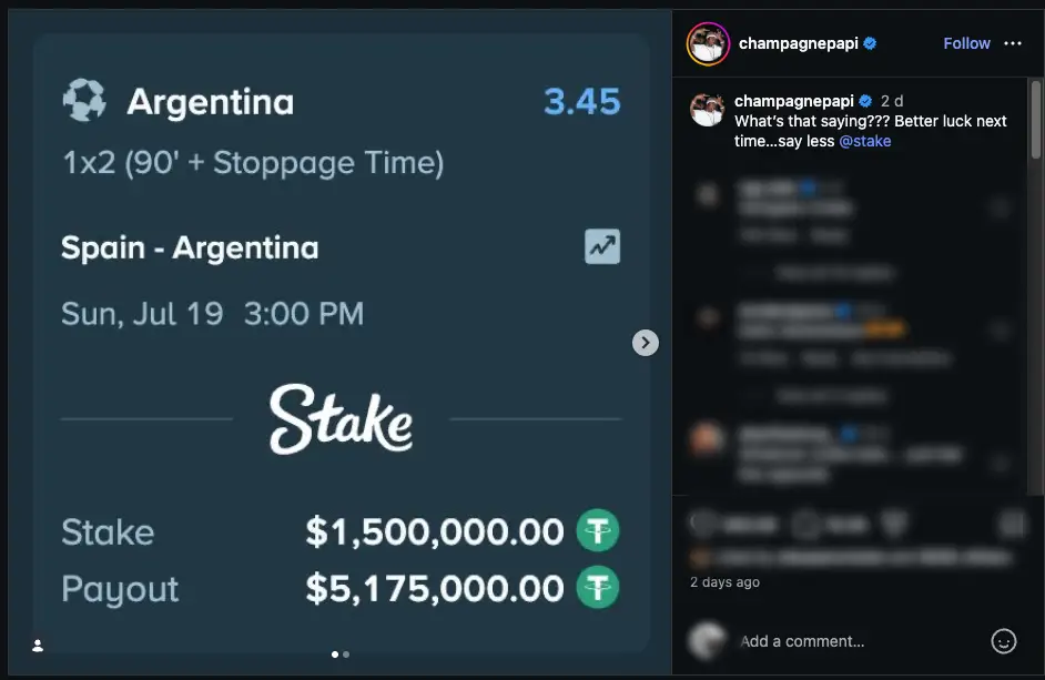 Argentina fans despaired after Drake placed his bet (Instagram/champagnepapi)