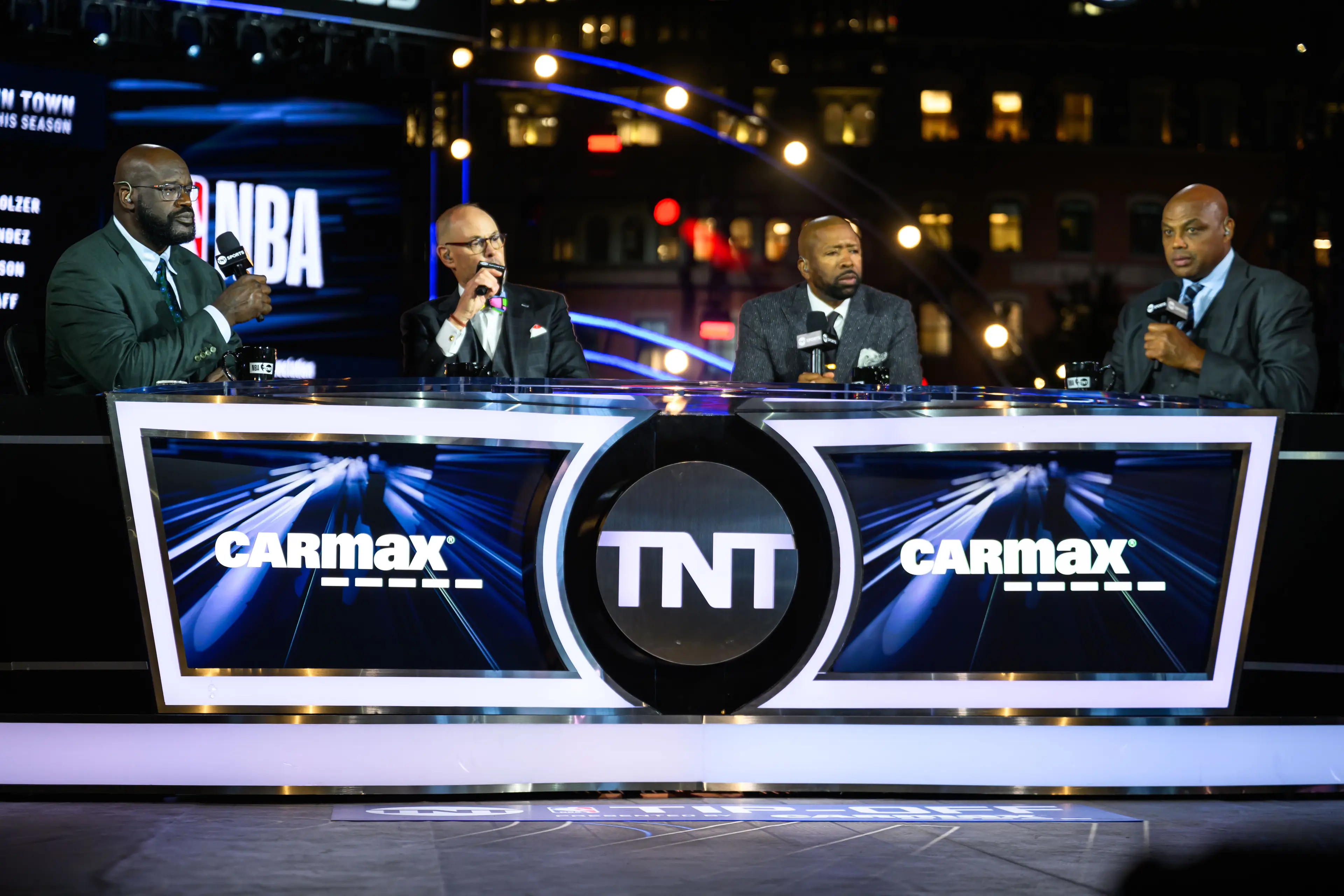 Shaq O'Neal hosts Inside The NBA with Ernie Johnson Jr., Kenny Smith, and Charles Barkley (Andrew Burke-Stevenson/The Boston Globe via Getty Images)
