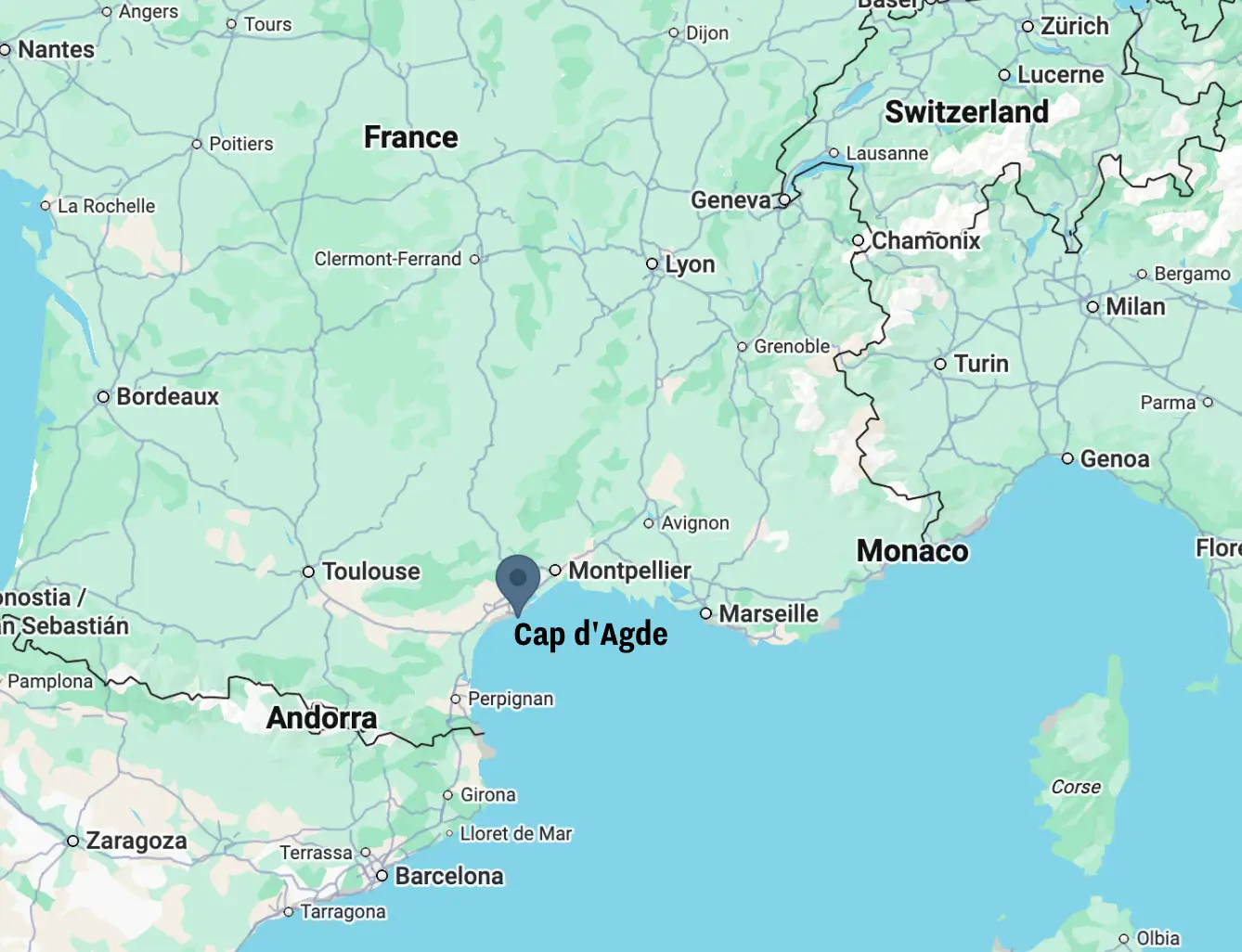 Cap d'Agde is located on the South Coast of France (Google Maps)