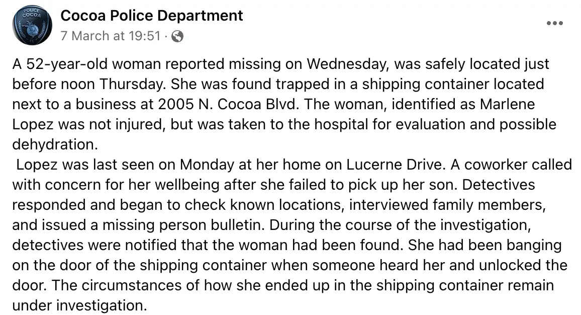 Cocoa Police also released an update on 7 March.