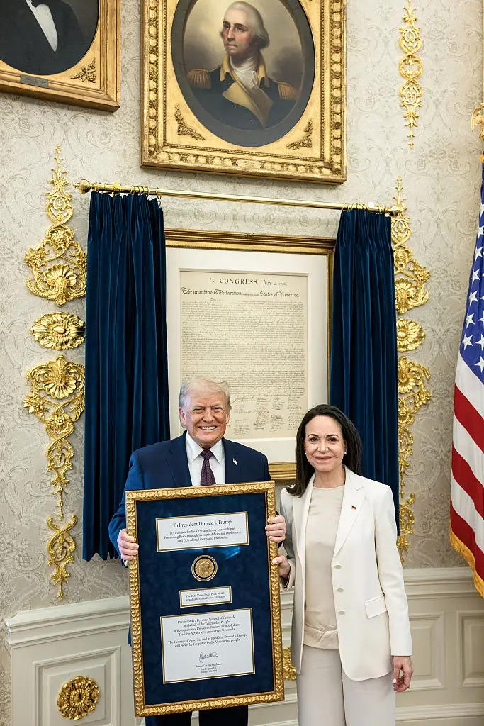 Donald Trump has been gifted the Nobel Peace Prize by Maria Corina Machado (Daniel Torok/The White House via Getty Images)