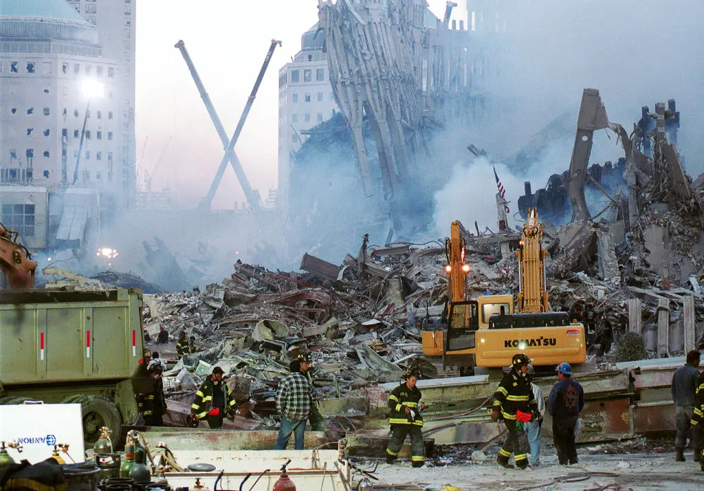 The photograph was taken by Associated Press photographer Richard Drew at 9:41am and 15 seconds on September 11, 2001. (Photo by Chris Hondros/Getty Images)