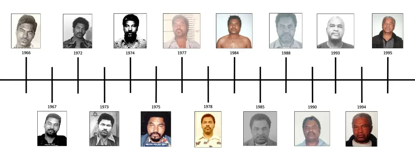Samuel Little posed for 15 mugshots between 1966 and 1994, but wasn't arrested for murder until 2012 (FBI)