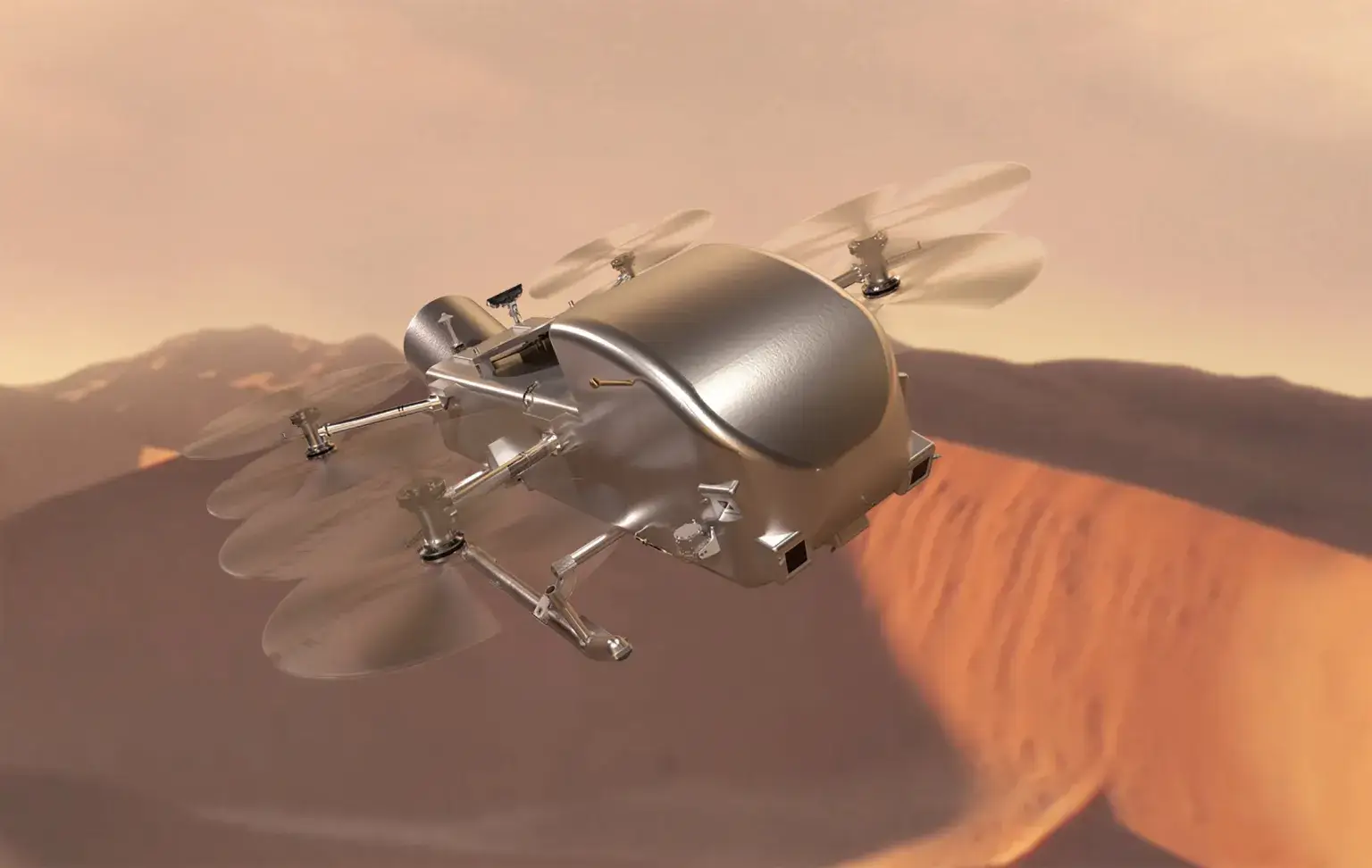 Artist’s concept of rotorcraft Dragonfly exploring Saturn’s moon Titan (NASA/Johns Hopkins APL/Steve Gribben)