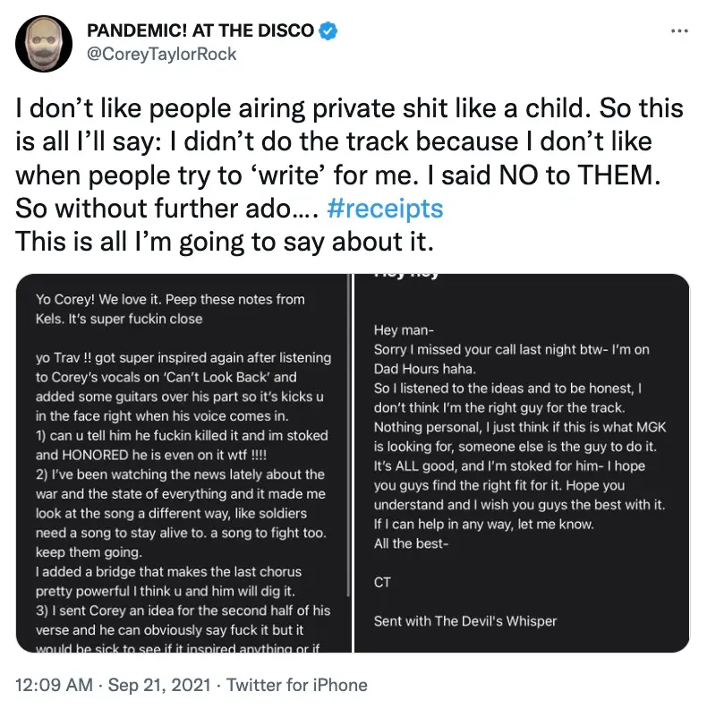 Corey Taylor hit back at MGK with the receipts.