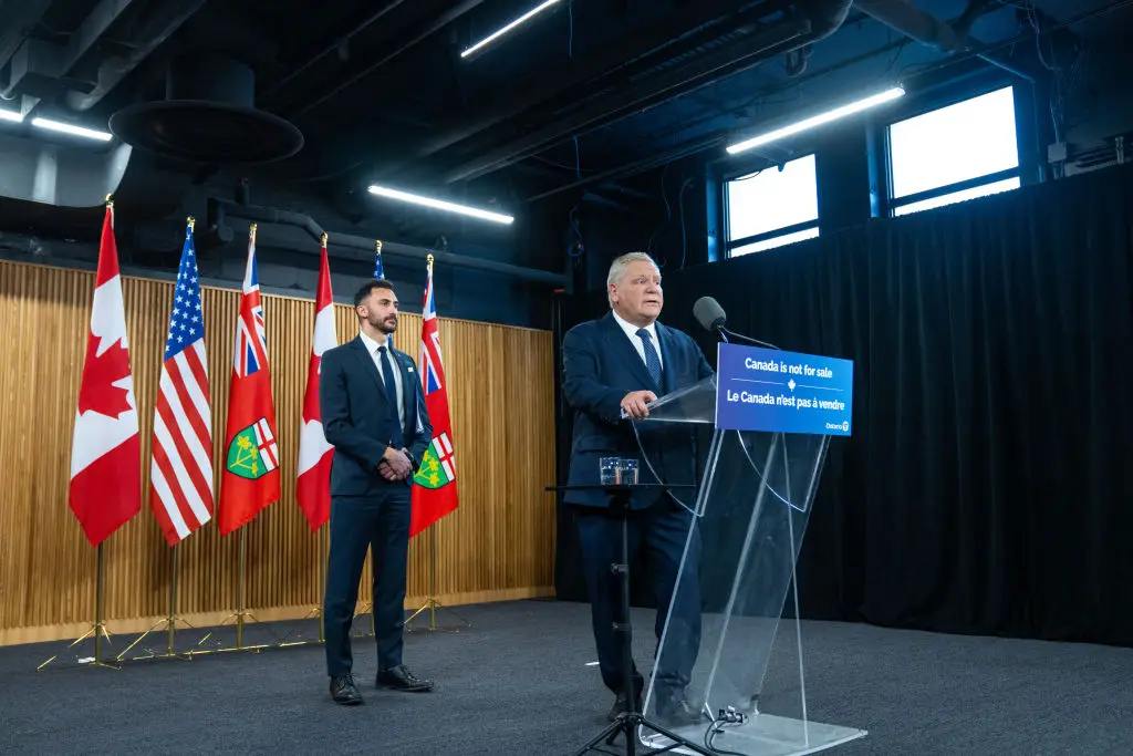Ontario Premier Doug Ford and provincial Minister of Energy and Electrification Stephen Lecce give remarks at a press conference in Queen's Park on March 10, 2025 in Toronto, Canada  (Katherine KY Cheng/Getty Images)
