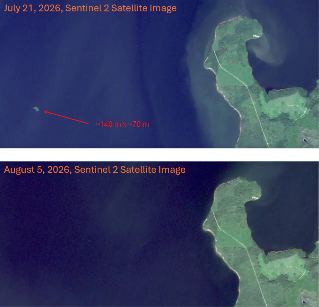 Satellite images confirm the floating island was in fact real but has since disappeared from the Williston Lake reservoir in northern British Colombia - roughly 100 km west of the WAC Bennett Dam (BC Hydro)