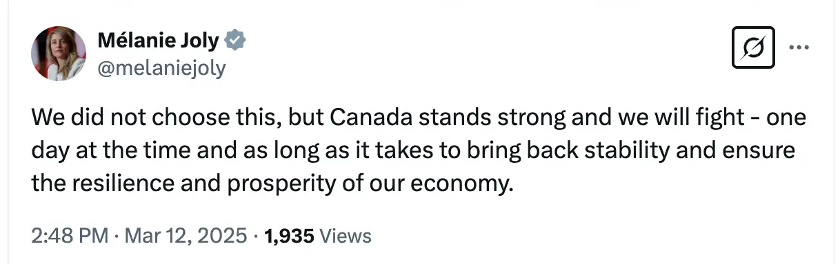 Canada's Foreign Affairs Minister Mélanie Joly has said Canada is willing to fight (X/@melaniejoly)