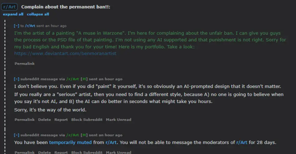 Moderators weren't willing to hear out the artist.