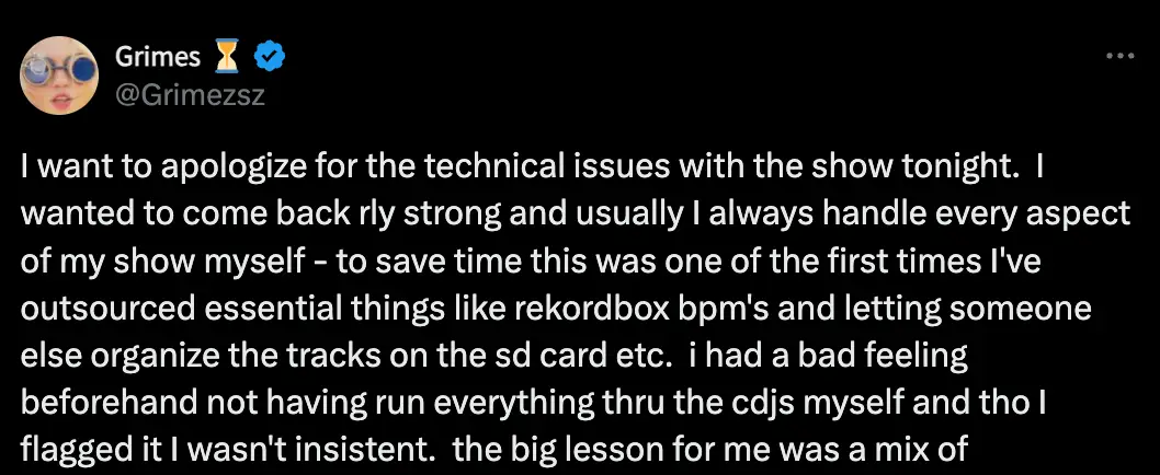 Grimes issued an apology on X. (X/@grimezsz)