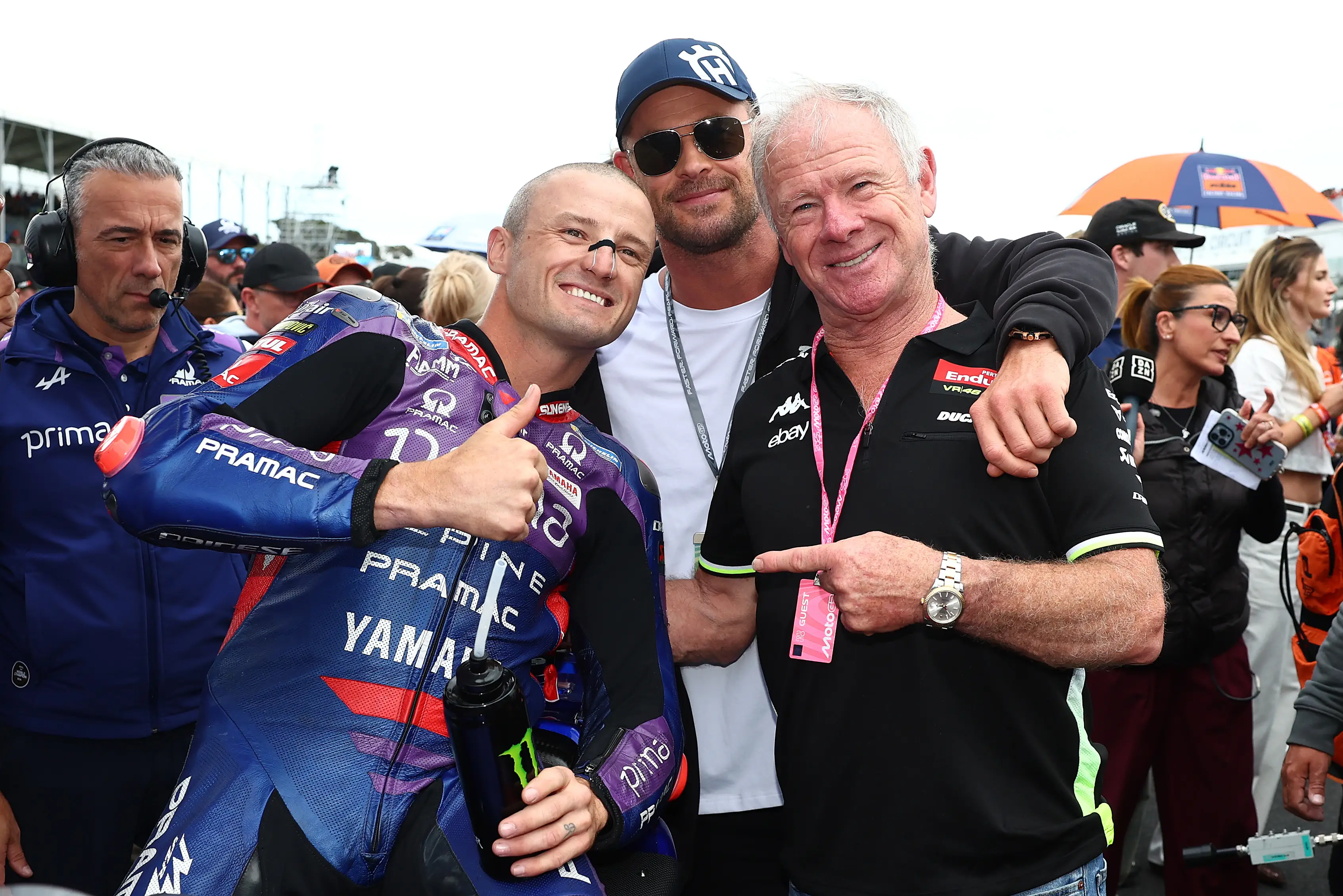 Chris Hemsworth and dad Craig (right) at the MotoGP in October (Chris Hyde/Getty Images for AGPC)