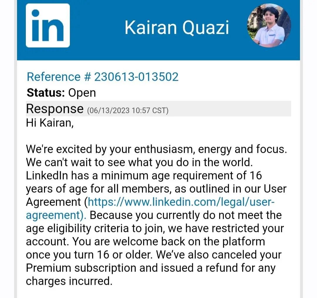 Kairan Quazi got this message from LinkedIn.