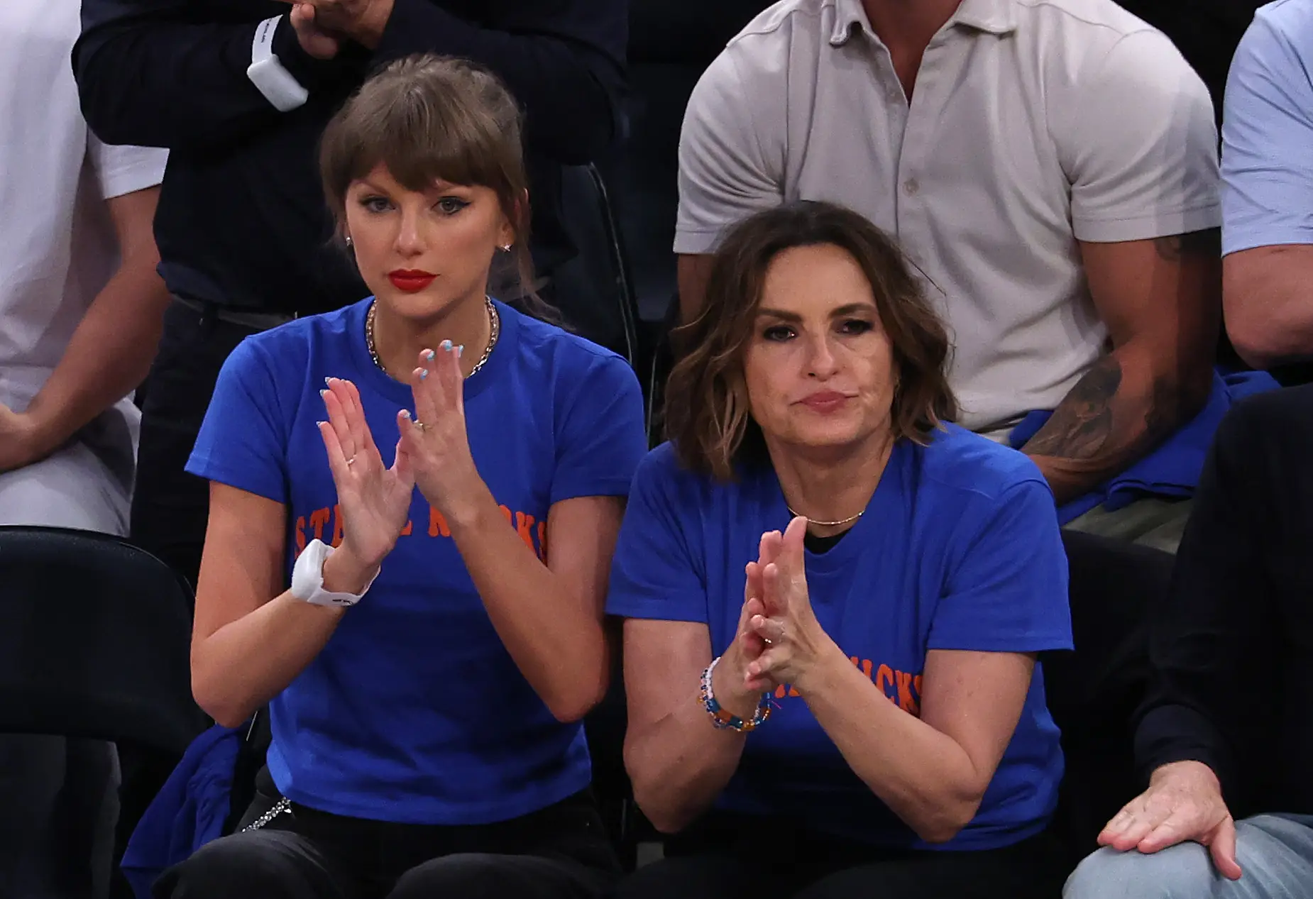Swift, 36, was pictured at Madison Square Garden on Wednesday night alongside actress Mariska Hargitay, cheering on the New York Knicks as they beat the San Antonio Spurs 107-106 (Al Bello/Getty Images)