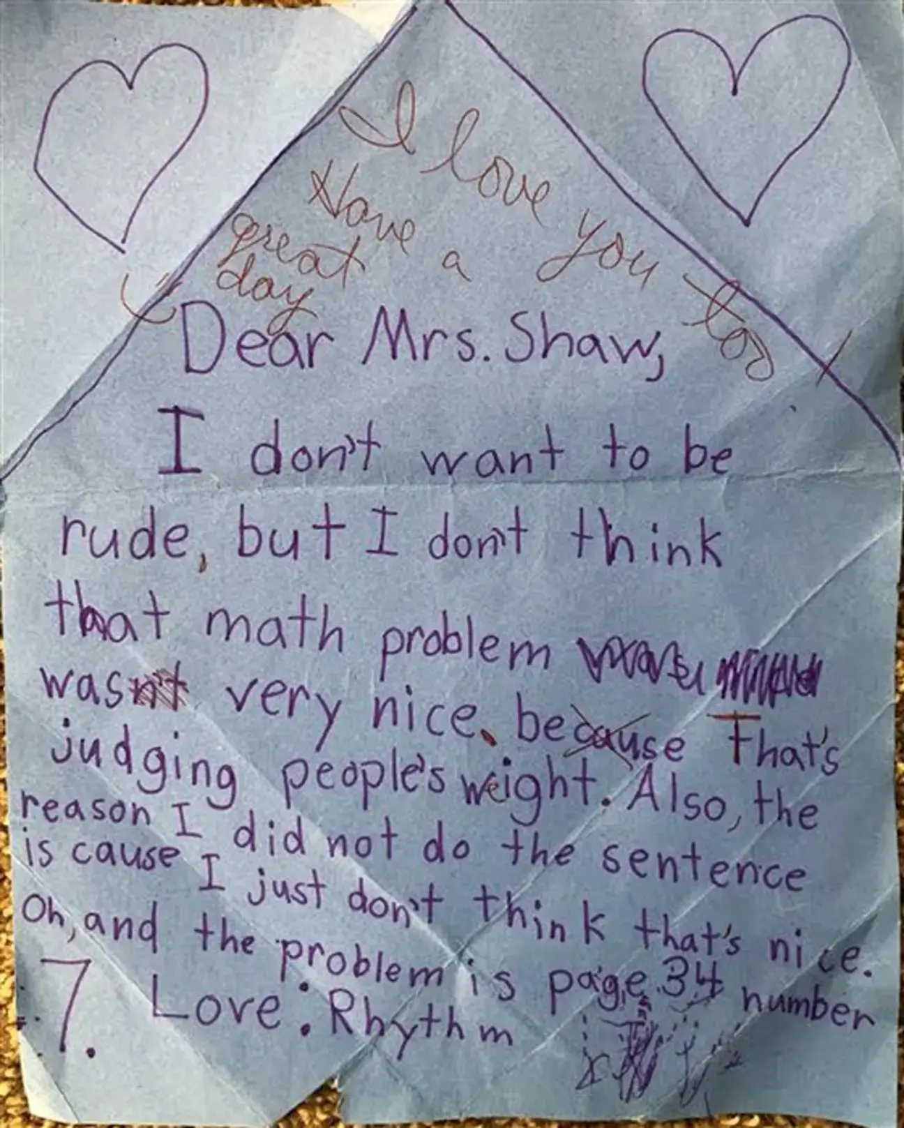 Rhythm’s math teacher completely understood the young girl's issue with the question.