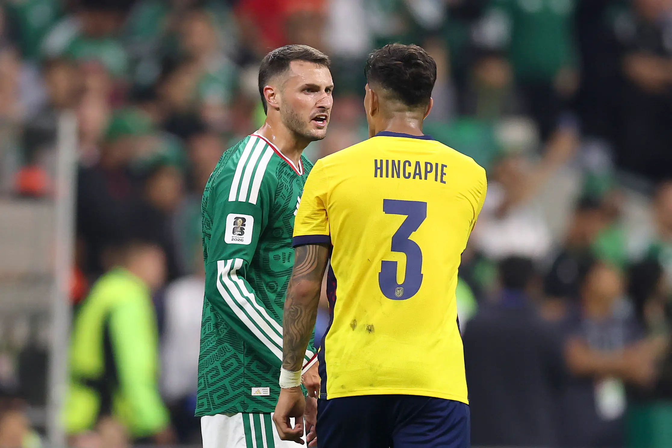Piero Hincapie was sent off for covering his mouth while in conversation with an opponent (Luke Hales/Getty Images)