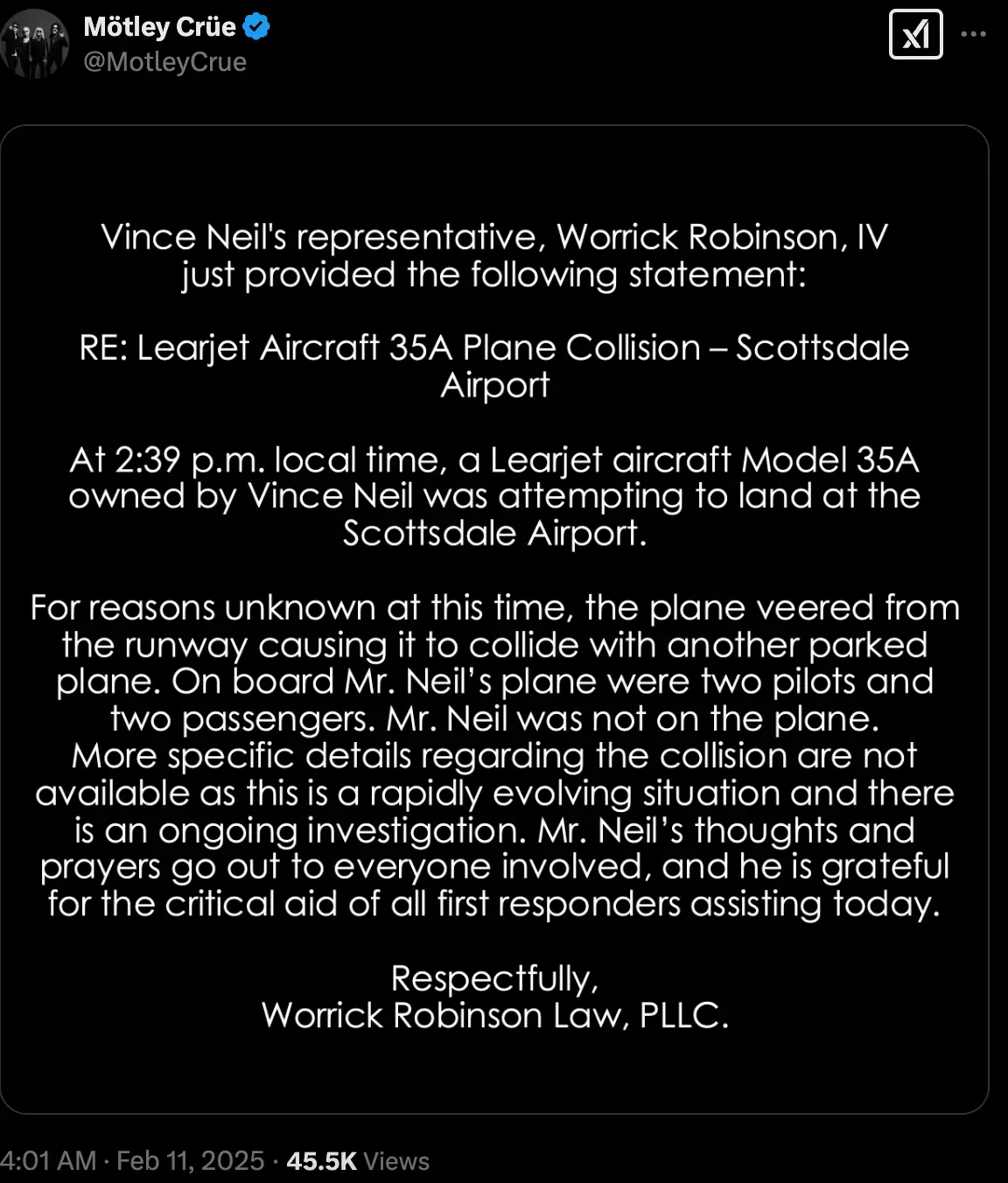 Neil's representative shared a statement (Twitter/@MotleyCrue) 