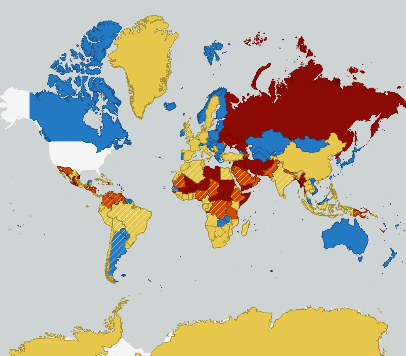 The map in full, with blue for level one, yellow for two, orange for three, and red for four (US State Department)