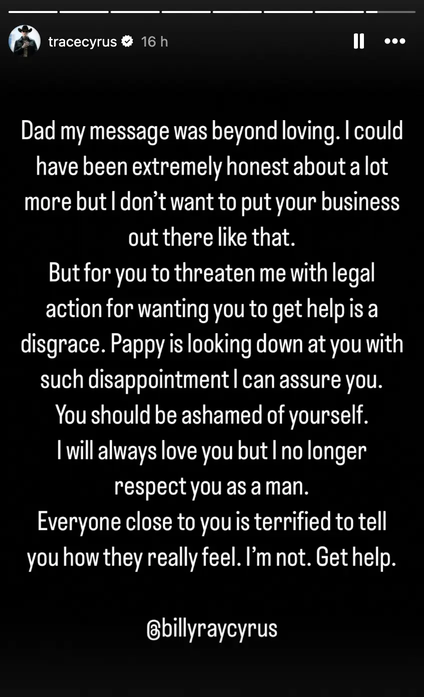 Trace Cyrus has alleged that his dad has threatened legal action against him (tracecyrus/Instagram)