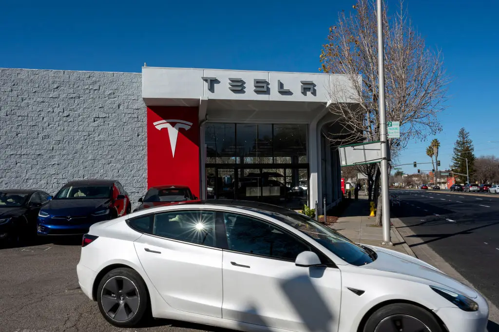 A Tesla Model 3 at the company's store in Palo Alto, California (David Paul Morris/Bloomberg via Getty Images)