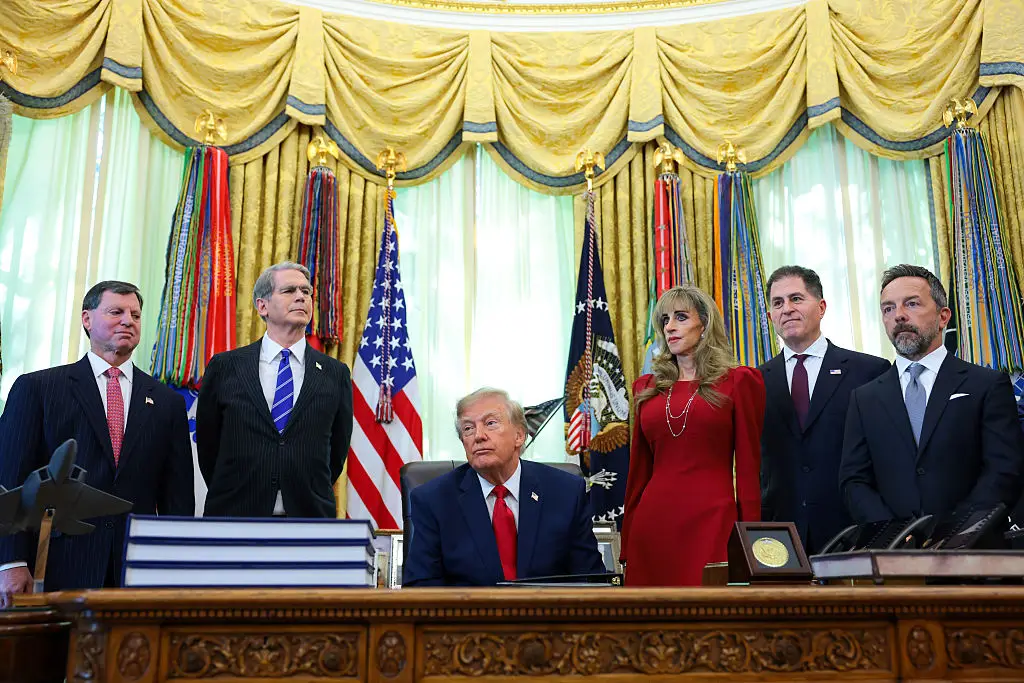 Michael and Susan Dell were in the Oval Office on October 7 as Trump promoted the expanded Trump Accounts program, with Treasury Secretary Scott Bessent also present. (Photo by Anna Moneymaker/Getty Images)