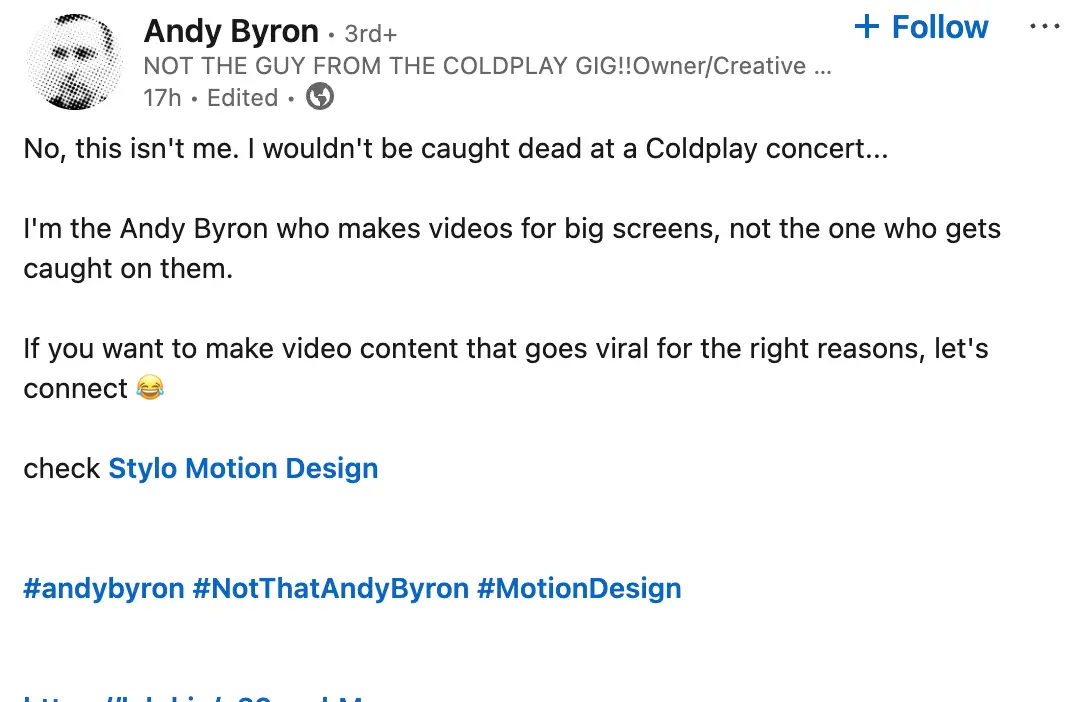 Andy Byron - the other one - assured followers he was not the Astronomer CEO (Linked/andybyrongraphics)