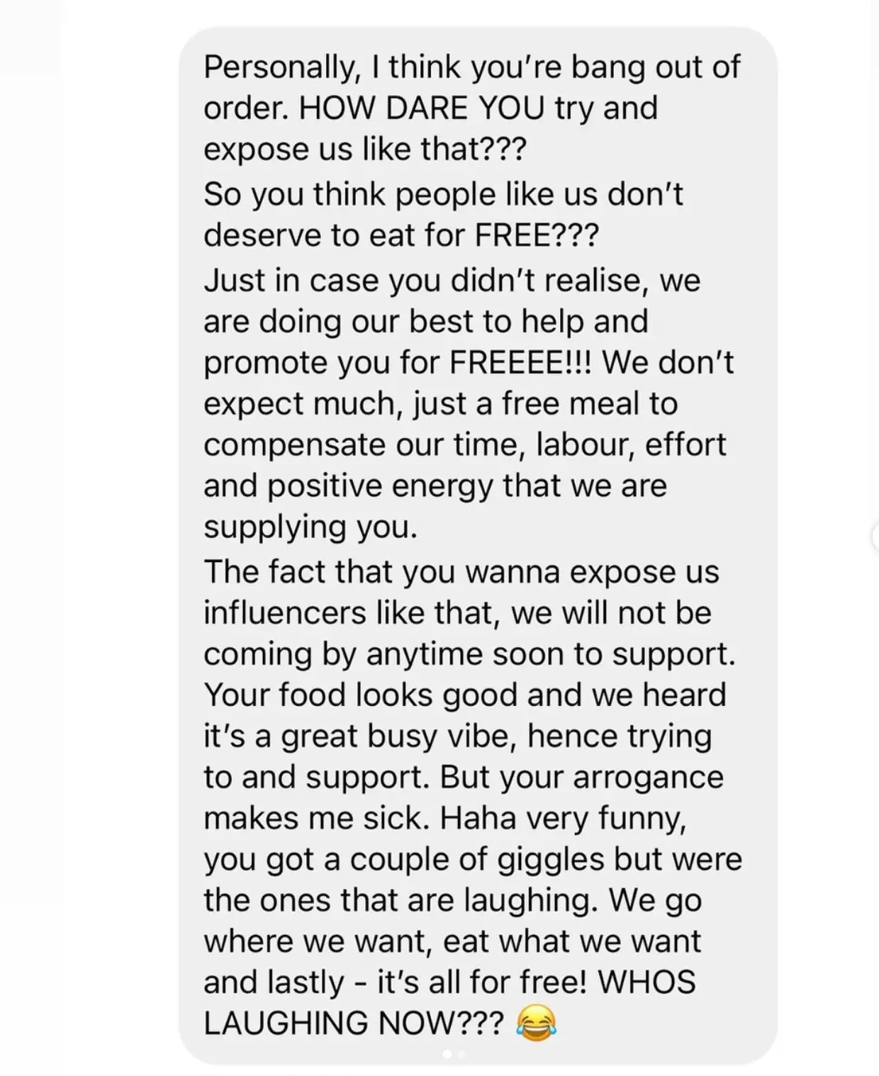 The Pan-Asian eatery shared the influencers' DM response to their Instagram followers.