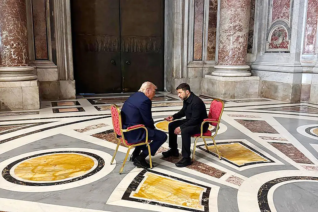 President Donald Trump and President Volodymyr Zelenskyy took 15 minutes out of Pope Francis' meeting to discuss politics (Office of the President of Ukraine via Getty Images)