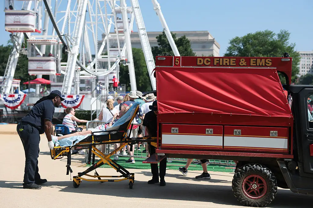 A woman is treated by DC Fire and EMS after collapsing while standing in line for the Ferris Wheel during the Great American State Fair (Joe Raedle/Getty Images)