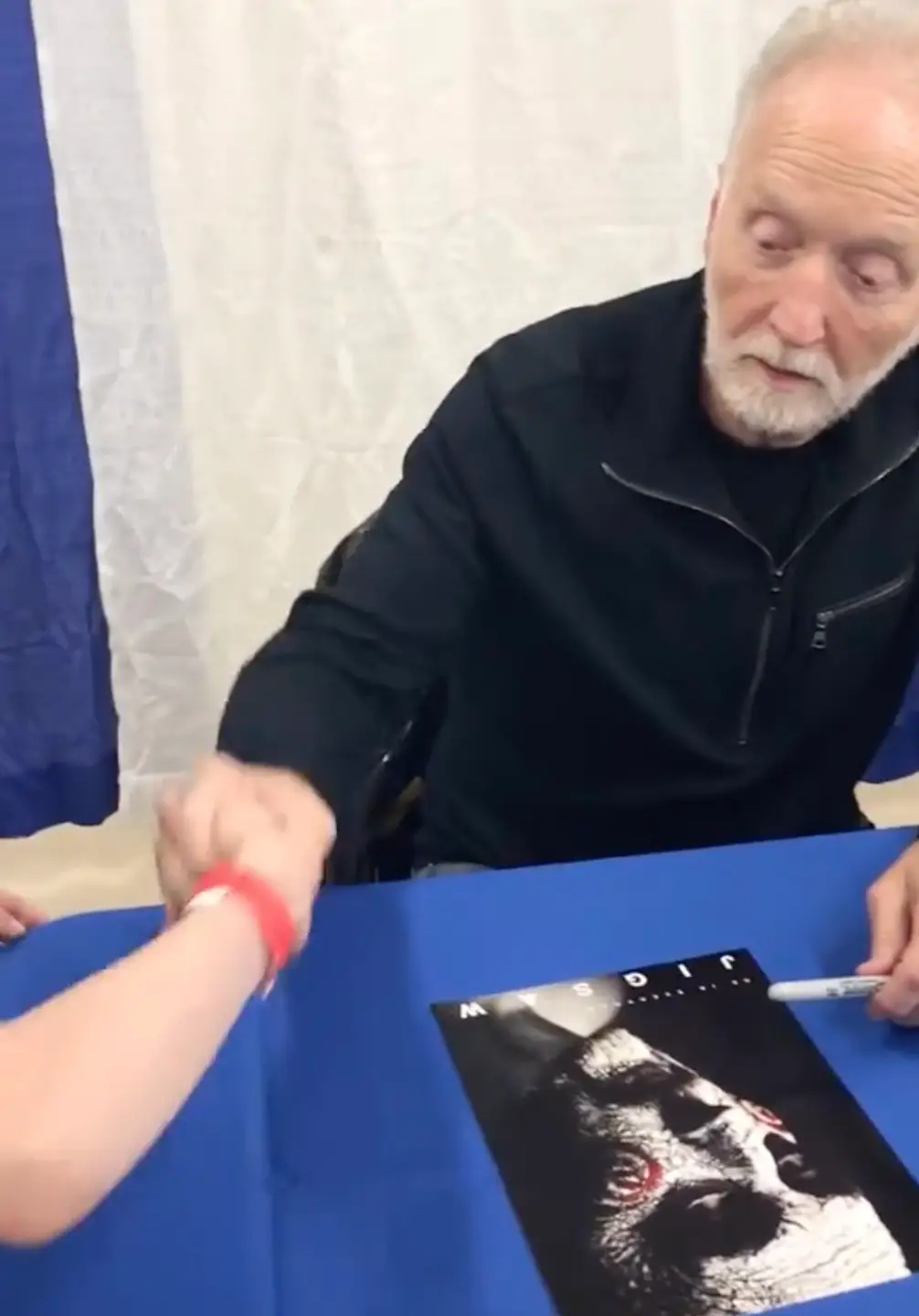 Tobin Bell gave the young lad a fist bump and a handshake (YouTube/@monsterface3345)