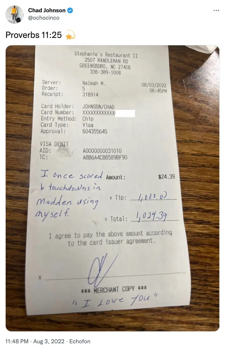 This isn't the first time Johnson's left a generous tip.