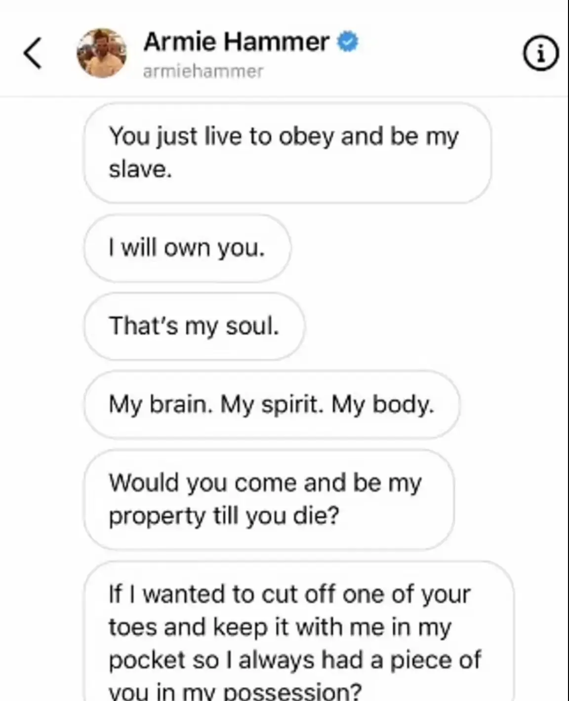 A series of texts Hammer allegedly sent to one of his accusers, which was shared last year.