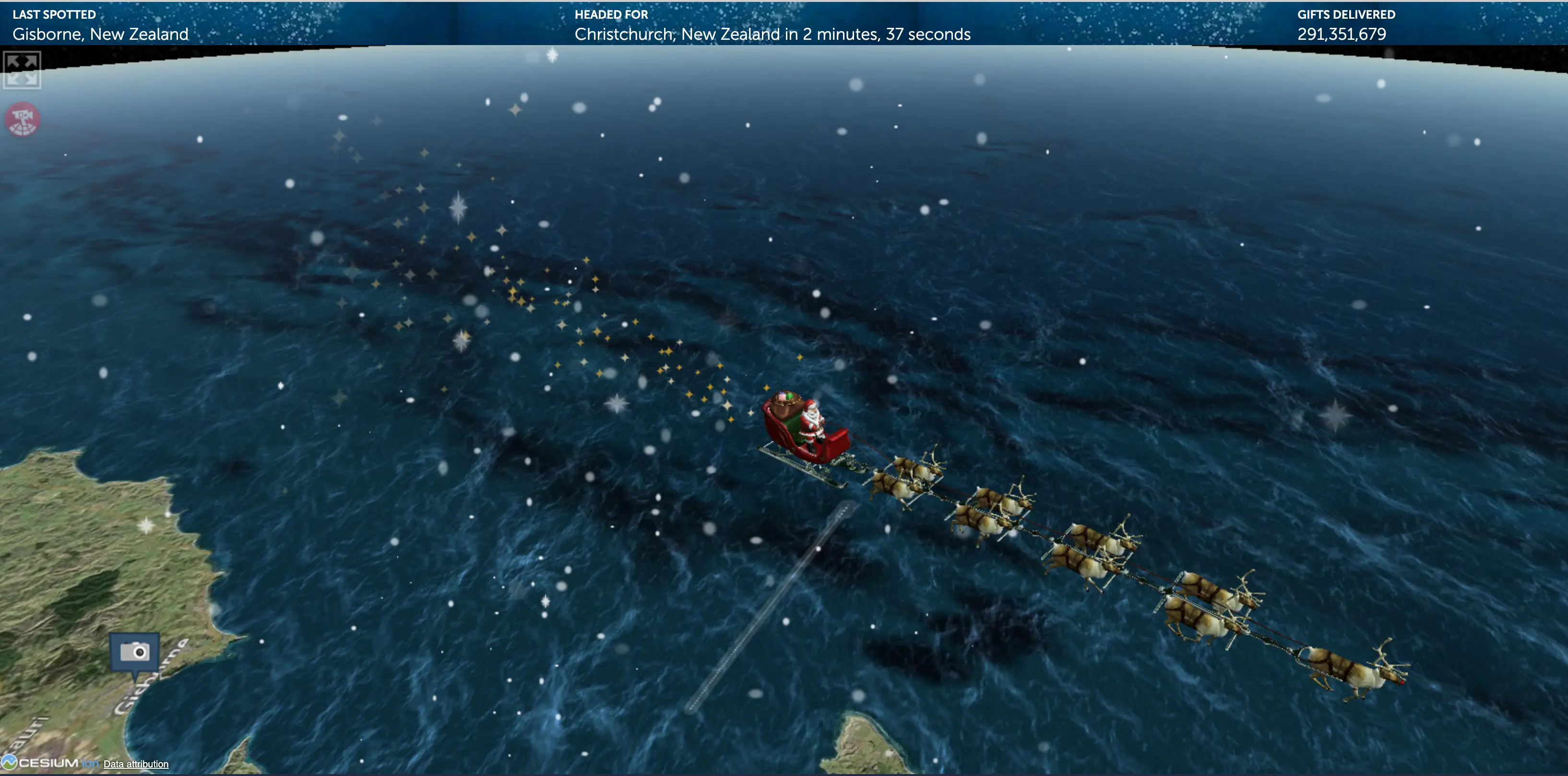 Santa Claus and his nine reindeer are seen flying over New Zealand at the time of writing (NORAD Santa Tracker)