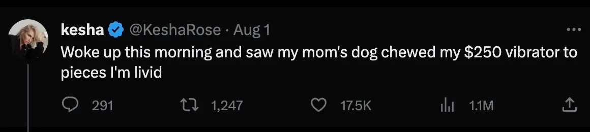 Kesha revealed this week that a dog had eaten her vibrator.