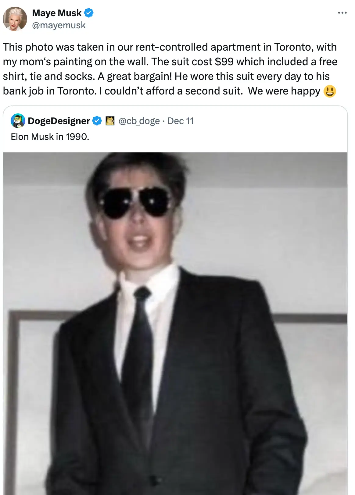 His mom gave the backstory of the suit (mayemusk/X)