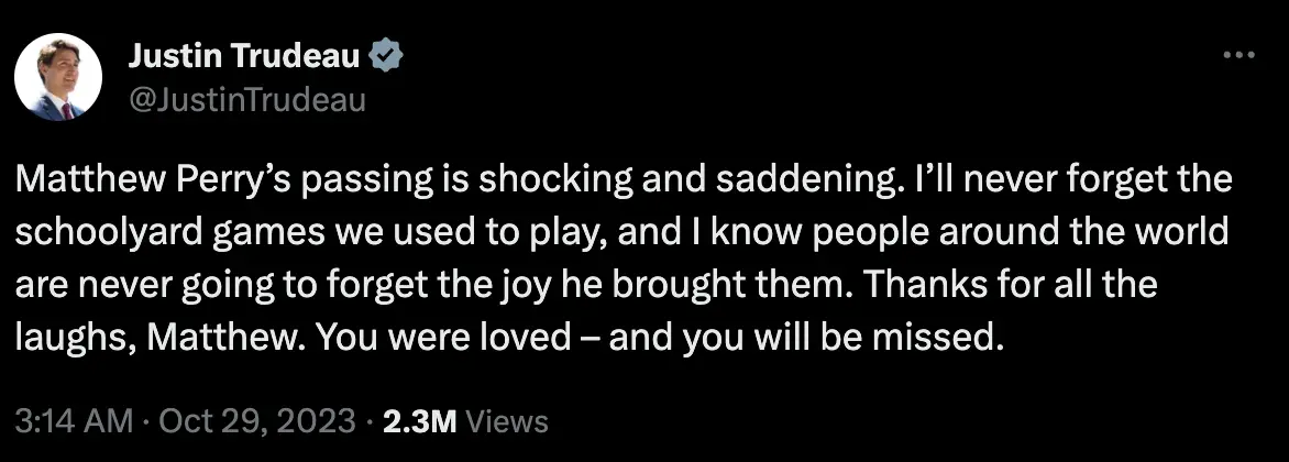 Trudeau paid tribute to the late actor on X.