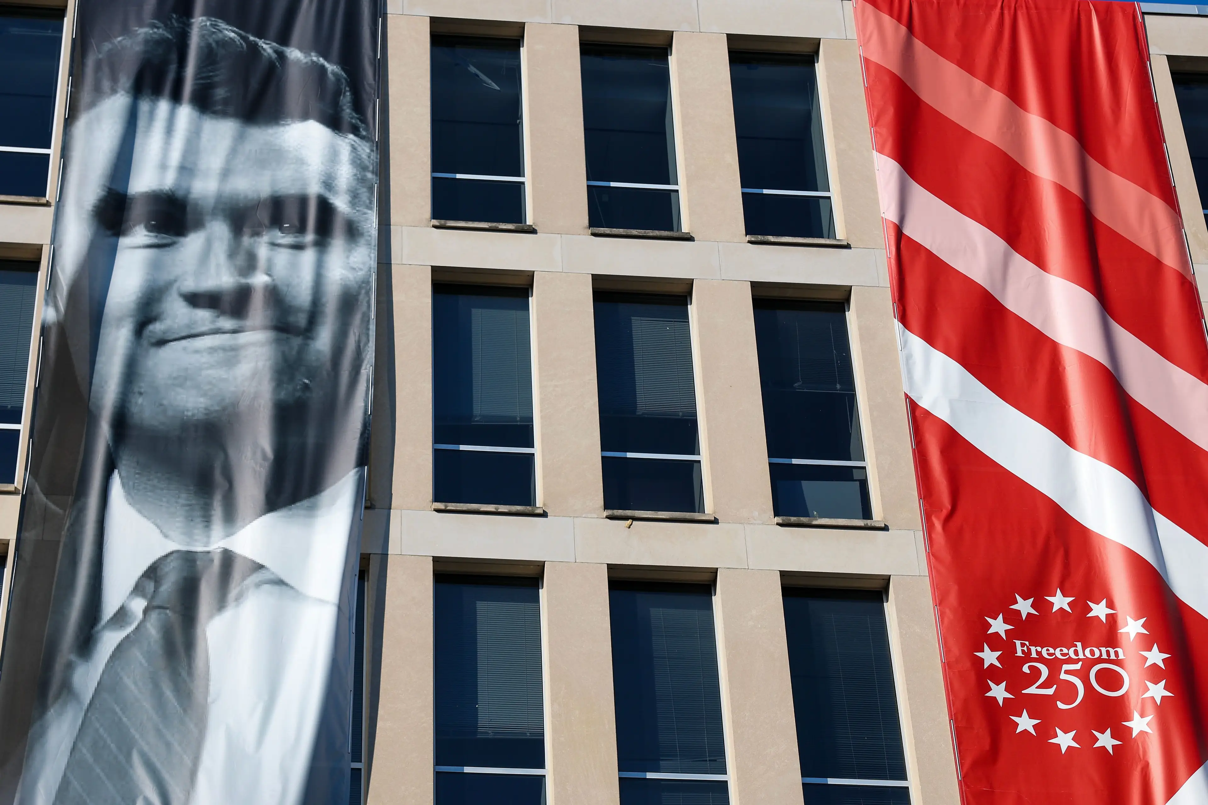 The banner had been placed outside the Department of Education building in Washington DC (Tasos Katopodis/Getty Images)