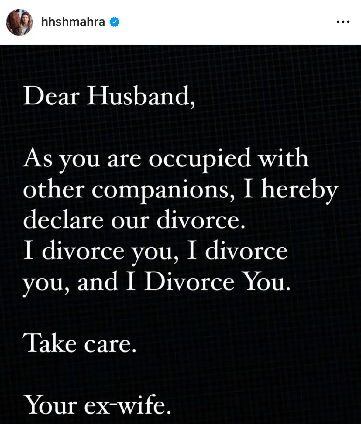Sheikha Mahra bint Mohammed bin Rashid Al Maktoum made her intentions to divorce clear. (Instagram/@hhshmahra)