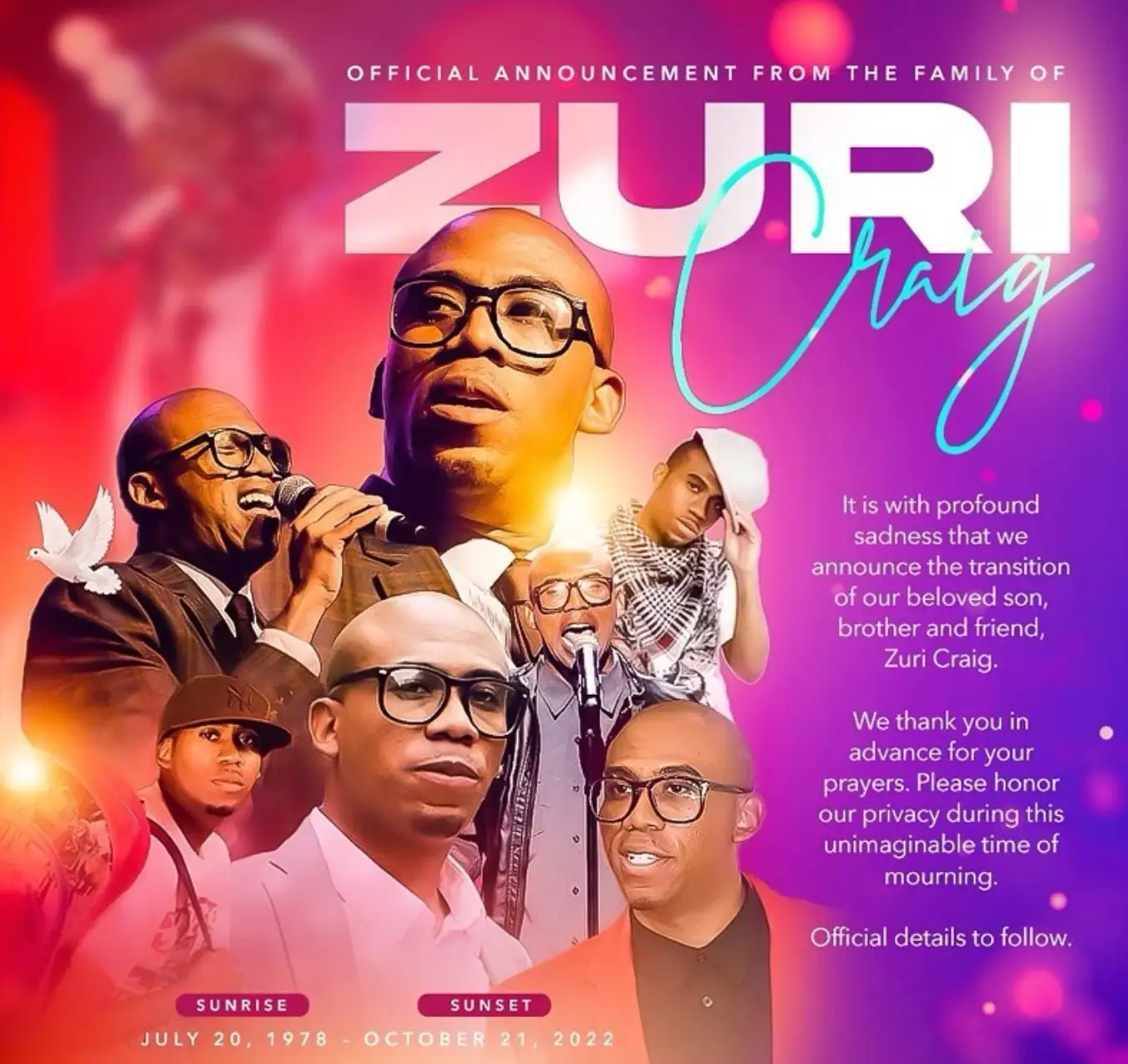 Zuri Craig's family released a statement announcing his death.