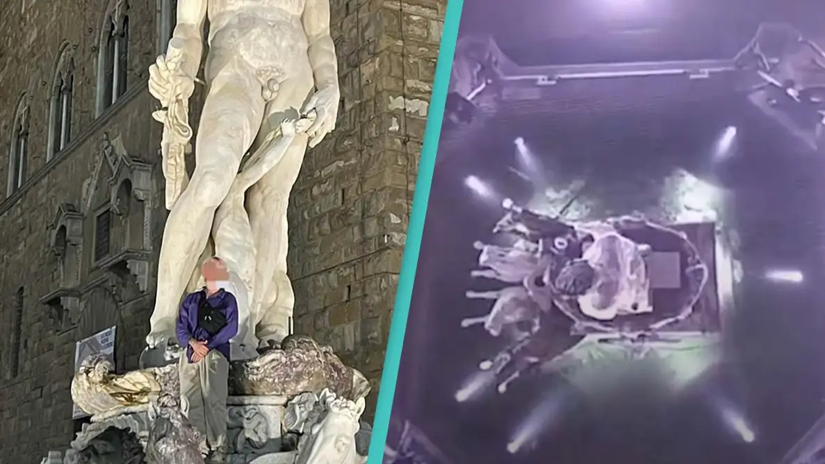 'Imbecile' tourist set to pay 'hefty fine' as he damages famous Italy fountain by climbing it for selfie