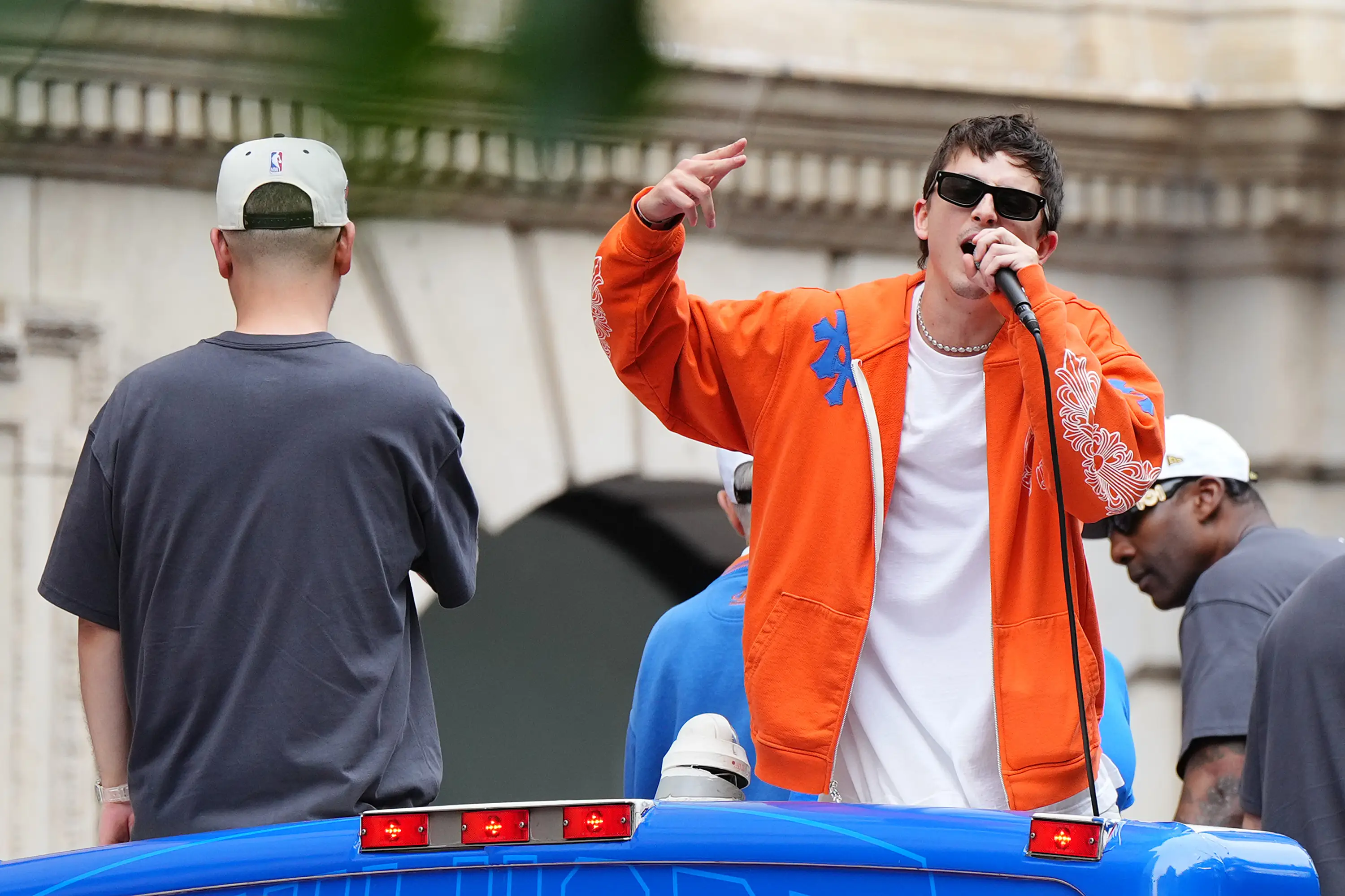 Timothée Chalamet looks on during the New York Knicks Championship ticker tape parade and victory rally (Angelina Katsanis/Getty Images)