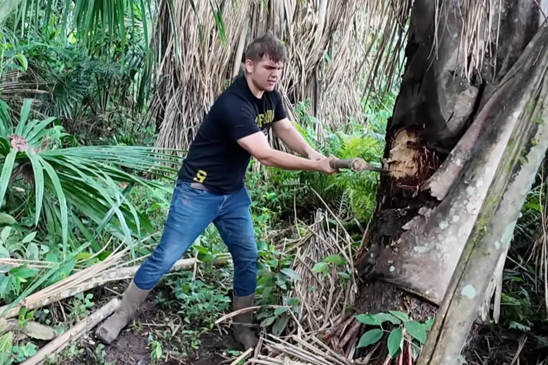 Justin had to prove his worth to the family by chopping down a tree in 30 minutes (Youtube/Justin Alvo)