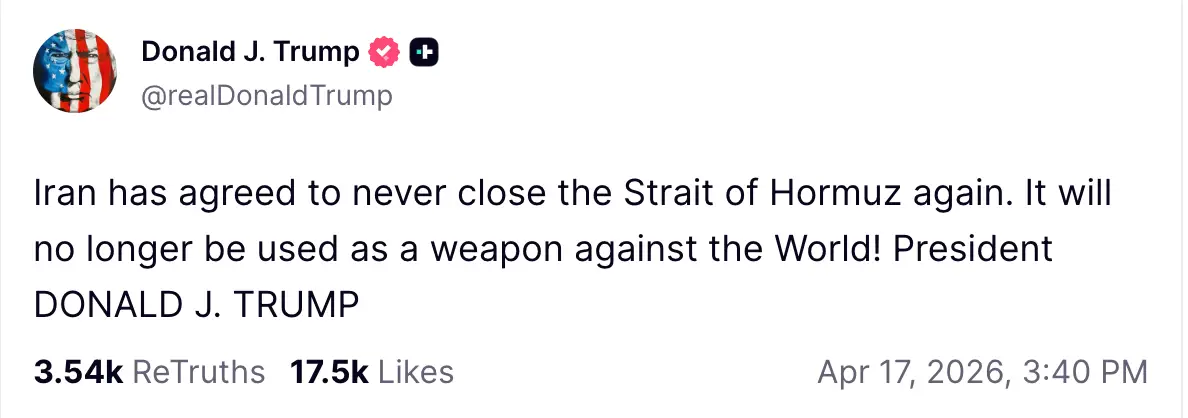 Trump claimed Iran had agreed never to close the Strait of Hormuz again (TruthSocial/@realDonaldTrump)