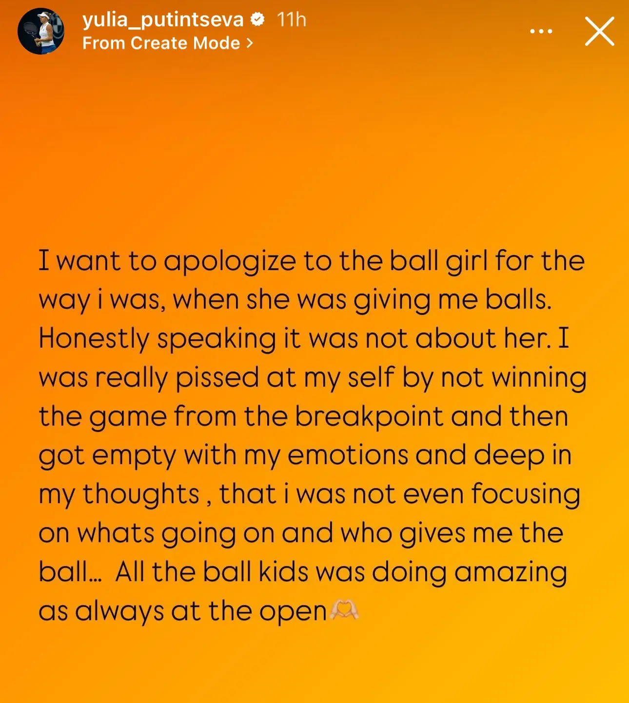Putintseva took to her Instagram story to apologize to the ballgirl (Instagram/ @yulia_putintseva) 