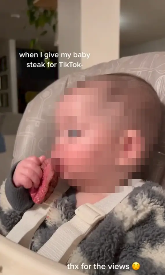 Eliza was seen clutching a small piece of steak in her hand - and she seemed to be enjoying it! (TikTok/@katiemayharley)
