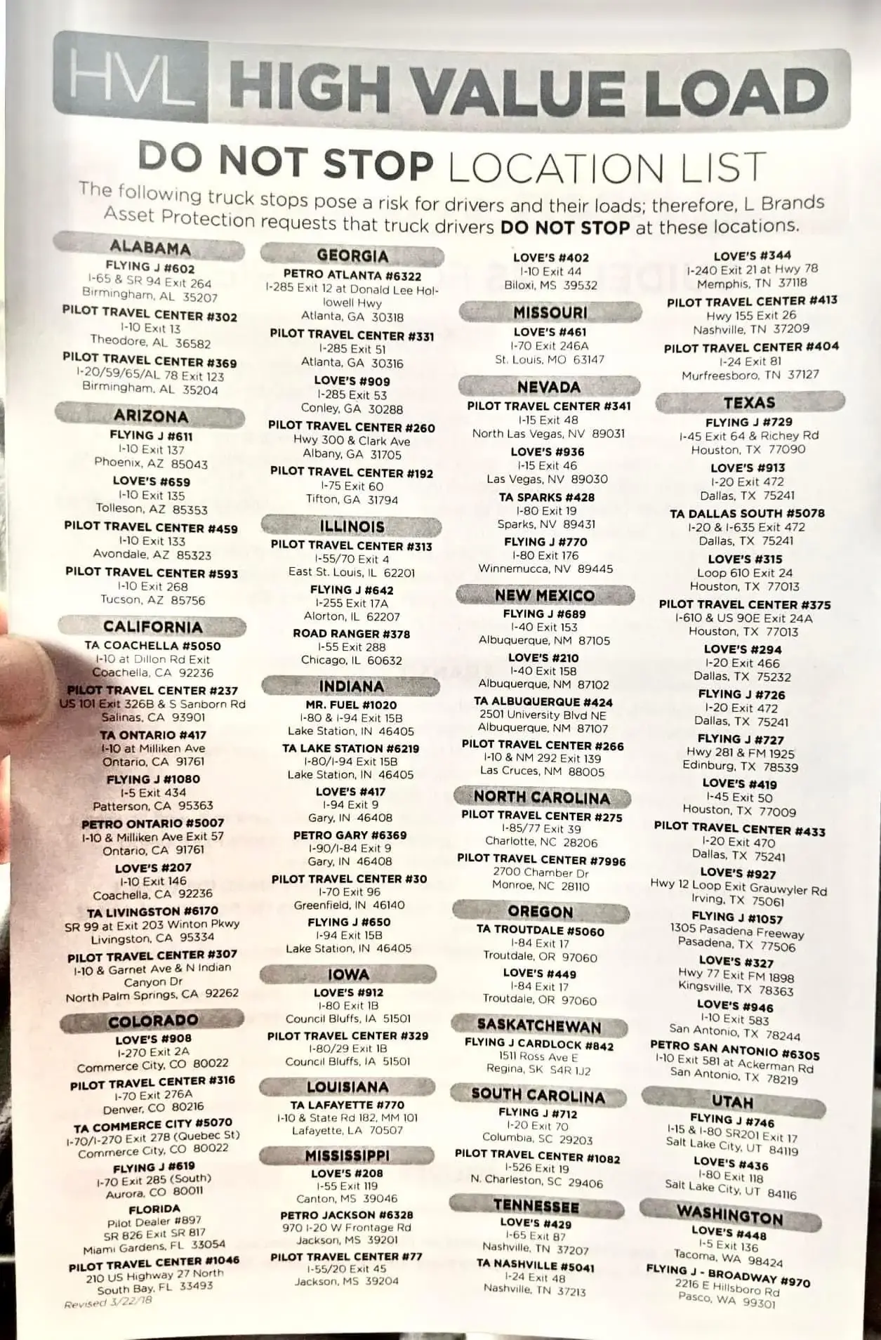 The list showed locations deemed unsafe for drivers to stop.